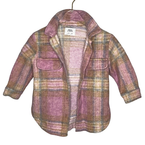 Zara Wool-Blend Pink Plaid Button-Up Shacket Girl’s Size 6-7 - Picture 1 of 6